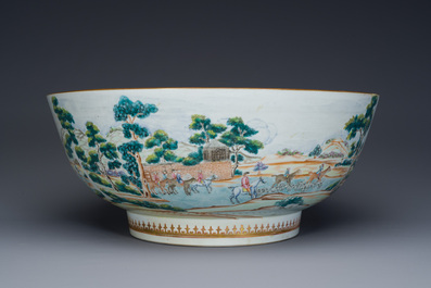 A large Chinese famille rose 'fox hunt' bowl, Qianlong