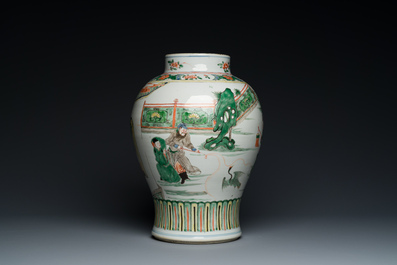 A Chinese famille verte vase with reticulated wooden cover and stand, Kangxi