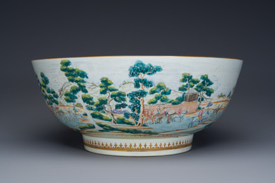A large Chinese famille rose 'fox hunt' bowl, Qianlong