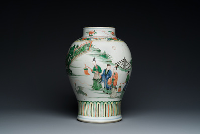 A Chinese famille verte vase with reticulated wooden cover and stand, Kangxi