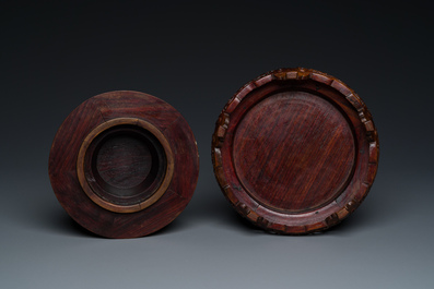 A Chinese famille verte vase with reticulated wooden cover and stand, Kangxi