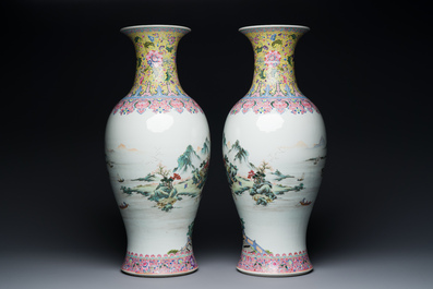 A pair of fine Chinese famille rose 'landscape' vases, Qianlong mark, 20th C.