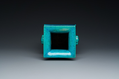 A Chinese monochrome turquoise-glazed square vase, Kangxi