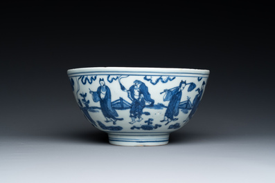 Een Chinese blauw-witte 'Acht onsterfelijken' kom, Jiajing merk en periode