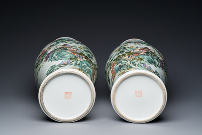 A pair of fine Chinese famille rose 'landscape' vases, Qianlong mark, 20th C.