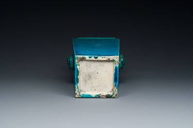A Chinese monochrome turquoise-glazed square vase, Kangxi