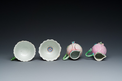 Two Chinese relief-decorated famille rose 'lotus' cups and saucers and two jugs, Yongzheng