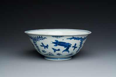 A Chinese blue and white 'carps' bowl, Chenghua mark, Kangxi