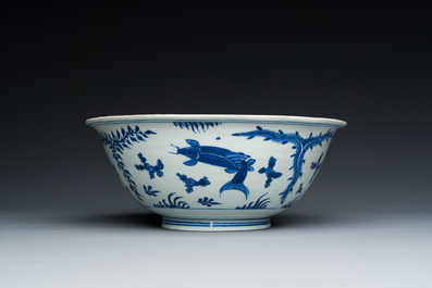 A Chinese blue and white 'carps' bowl, Chenghua mark, Kangxi