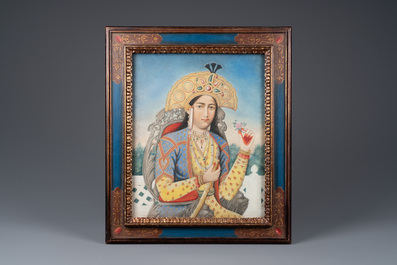 Ecole indienne: 'Portrait de la princesse Mumtaz Mahal au narguil&eacute;', gouache sur papier, 19&egrave;me