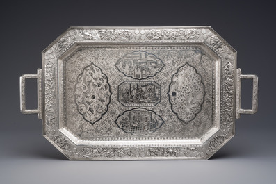 A Chinese silver 4-piece tea service on tray, Tu Mao Xing mark 塗茂興, 19th C.