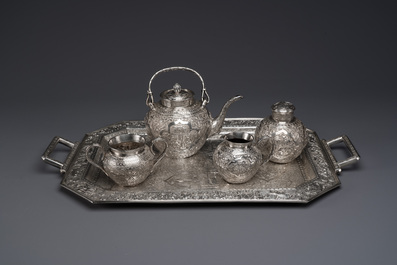 A Chinese silver 4-piece tea service on tray, Tu Mao Xing mark 塗茂興, 19th C.