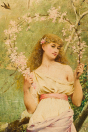 Jacques-Cl&eacute;ment Wagrez (Ecole fran&ccedil;aise, 1850-1908): 'Jeune femme &agrave; la guirlande', huile sur toile, dat&eacute;e 1881