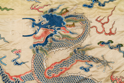 A large Chinese yellow-ground silk embroidery decorated with three five-clawed dragons, 19th C.