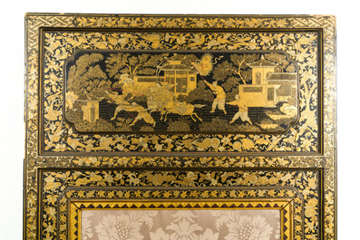 Two large Chinese Canton black and gilt-lacquered panels, 19th C.