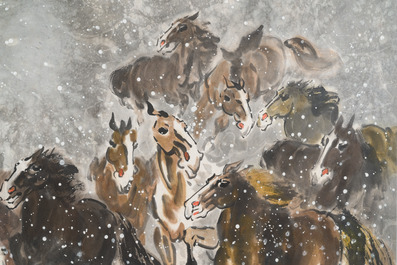Ma Xinle 馬欣樂 (1963-): 'Douze chevaux dans la neige', encre et couleurs sur papier, dat&eacute; 1993