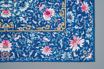 A Chinese blue-ground embroidered silk throne cushion cover, 18/19th C.