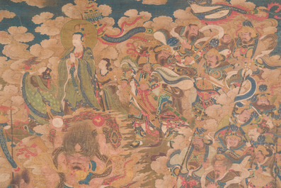 Ecole chinoise: 'Ciel plein de divinit&eacute;s bouddhistes', encre et couleurs sur soie, 18&egrave;me