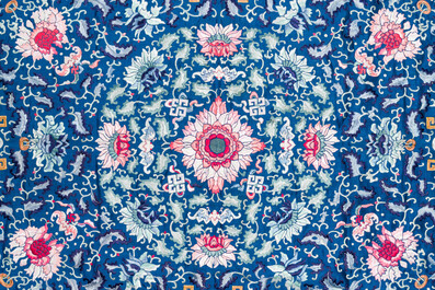 A Chinese blue-ground embroidered silk throne cushion cover, 18/19th C.