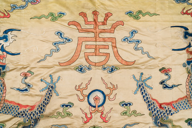A large Chinese yellow-ground silk embroidery decorated with three five-clawed dragons, 19th C.