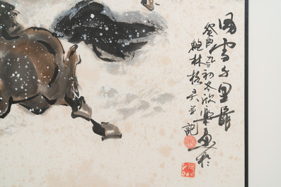 Ma Xinle 馬欣樂 (1963-): 'Douze chevaux dans la neige', encre et couleurs sur papier, dat&eacute; 1993