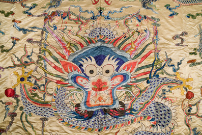 A large Chinese yellow-ground silk embroidery decorated with three five-clawed dragons, 19th C.