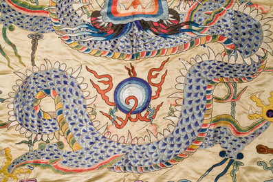 A large Chinese yellow-ground silk embroidery decorated with three five-clawed dragons, 19th C.