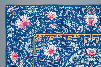 A Chinese blue-ground embroidered silk throne cushion cover, 18/19th C.