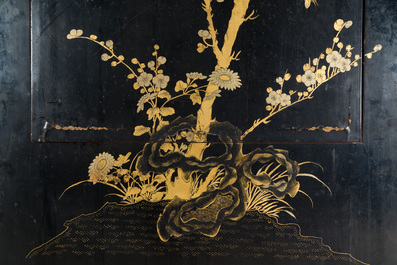 Two large Chinese Canton black and gilt-lacquered panels, 19th C.