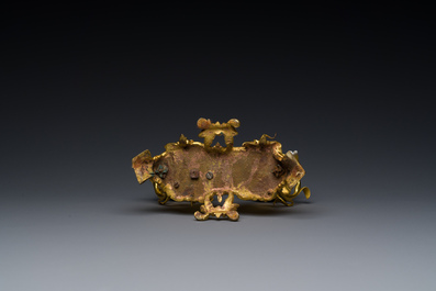 A Chinese Dehua blanc de Chine joss stick holder with French gilt bronze candlestick mounts, Kangxi and 18/19th C.
