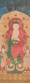 Chinese school: 'Buddha standing on two lotus flowers', ink and colour on silk, 18/19th C.