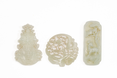 Three Chinese celadon and white jade pendants, Qing