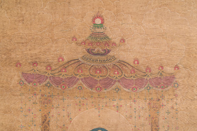 Chinese school: 'Buddha seated on a lotus throne', ink and colour on silk, 18/19th C.