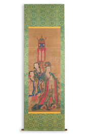 Chinese school: 'Bodhisattva with two servants', ink and colour on silk, 18/19th C.