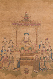 Chinese school: 'Buddha seated on a lotus throne', ink and colour on silk, 18/19th C.
