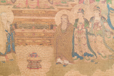 Chinese school: 'Buddha seated on a lotus throne', ink and colour on silk, 18/19th C.