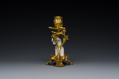 A Chinese Dehua blanc de Chine joss stick holder with French gilt bronze candlestick mounts, Kangxi and 18/19th C.