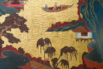 Ecran de table en bois dor&eacute;, laqu&eacute; et polychrom&eacute;, Chine, Shanxi, 16/17&egrave;me