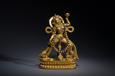 Statuette de Sarvabouddha Dakini en bronze dor&eacute;, Sino-Tibet, probablement 15&egrave;me