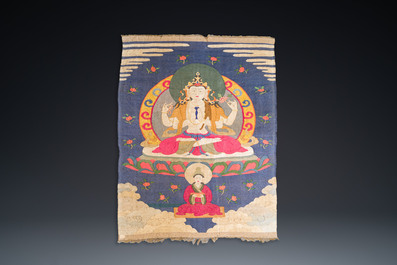 A Chinese kesi silk weaving depicting 'Buddha sitting on a lotus throne', Qing