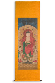 Chinese school: 'Buddha standing on two lotus flowers', ink and colour on silk, 18/19th C.