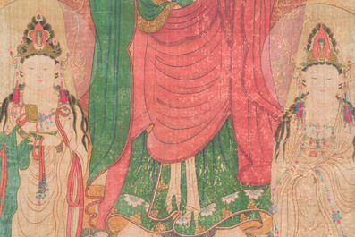Chinese school: 'Buddha standing on two lotus flowers', ink and colour on silk, 18/19th C.