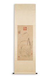 Ecole chinoise, anonyme, dans la collection de Shi Min 史敏 (1415-?): 'H&eacute;ron et acorus', aquarelle sur papier, dat&eacute;e 1427 mais probablement plus tardive