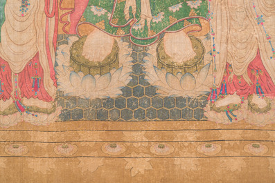 Chinese school: 'Buddha standing on two lotus flowers', ink and colour on silk, 18/19th C.