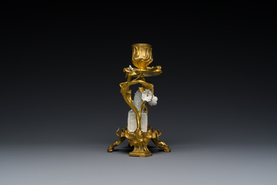 A Chinese Dehua blanc de Chine joss stick holder with French gilt bronze candlestick mounts, Kangxi and 18/19th C.