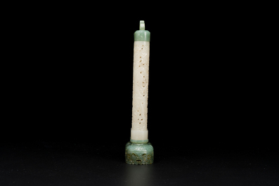 A Chinese reticulated white jade parfumier with spinach-green jade cover and base, Qing