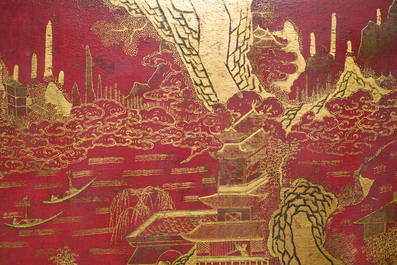 Ecran de table en bois dor&eacute;, laqu&eacute; et polychrom&eacute;, Chine, Shanxi, 16/17&egrave;me