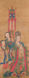 Chinese school: 'Bodhisattva with two servants', ink and colour on silk, 18/19th C.