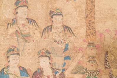Chinese school: 'Buddha seated on a lotus throne', ink and colour on silk, 18/19th C.