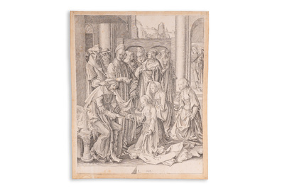 Lucas van Leyden (1494-1533): Esther knielt voor Ahasverus, gravure, 16e eeuw